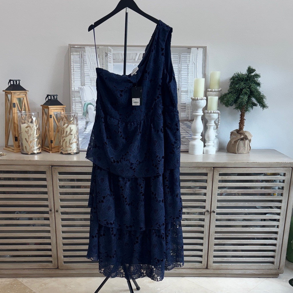 Elegant Navy Layered With Love Lace One-Shoulder Dress